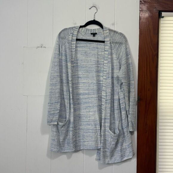 Talbots Blue White Linen Lightweight Open Front Cardigan Size Large - Picture 1 of 4